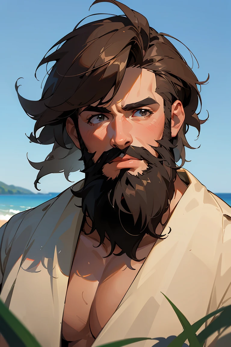 (masterpiece:1.2), (best quality), (ultra detailed), (8k,4k), (highly detailed:1.2), (perfect lightingbest quality), (blue sky, beach, tree, grass), (solo man, strong, young, 23 year old, dark hair, messy hair, unshaven beard), portrait
