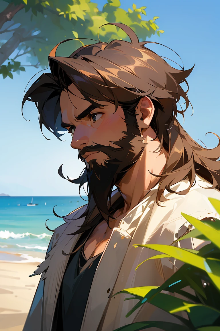 (masterpiece:1.2), (best quality), (ultra detailed), (8k,4k), (highly detailed:1.2), (perfect lightingbest quality), (blue sky, beach, tree, grass), (solo man, strong, young, 23 year old, dark hair, messy hair, unshaven beard), portrait
