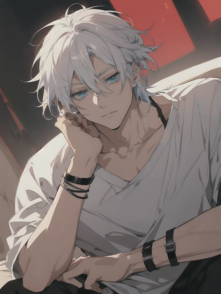 anime guy with white hair and blue eyes sitting on a couch, tall anime guy with blue eyes, white haired, young anime man, male anime character, male anime style, anime handsome man, white-haired, best anime 4k konachan wallpaper anime boy, handsome anime pose, hajime yatate