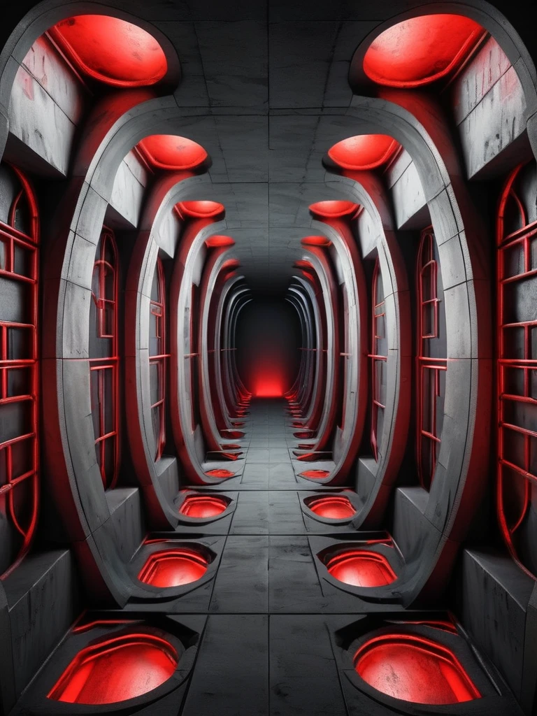 tunel, infernal themed futuristic background image, palacio hell, symmetrical image, hell, dark gray wall, negro, red