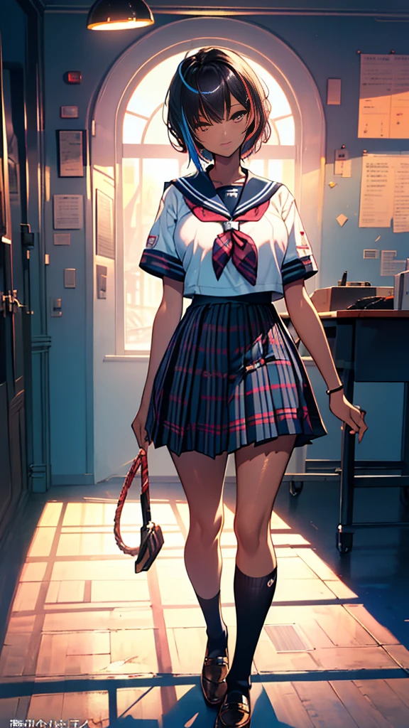 ((masterpiece)),(perfect anatomy),((best quality)),((ultra-detailed)),(illustration),(high resolution),((Latina)),((strong dark skin)),((gyaru)),((stylish)),((gorgeous)),((semirealistic)),((dark skinned girl)),((Feminine)),(((comic aun))),(((misaki kurehito))),((dutch angle,standing,various shot)),(perfect hands),(delicate and beautiful),(beautiful detailed eyes),female only,8k wallpaper,(high quality artwork),detailed face,beatiful face,((misaki kurehito like face)),masterwork,best quality,incredibly absurdres,hyper intricate,extremely detailed girl,vibrant eyes,ray tracing,((vibrant colors)),detailed legs,((detailed sailor style school uniform)),((detailed black socks)),((mini pleated tartan check skirt)),smirk,indoors,school background,extreamy,sunshine,((multicolored streaked very short hair)),((various very short pixie hair)),highest quality,80mm,ultra detailed,8k,4k,intricate,highly detailed,ambient light3,cinematic composition3,HDR,Accent Lighting,original,highres エイリアン女