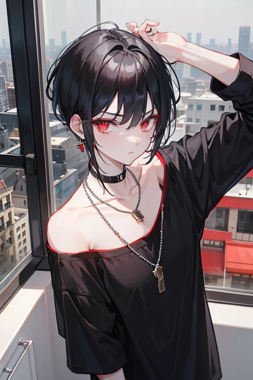 A gentleman,with red eyes and black hair with wolf cut hairstyle,wearing oversize t-shirts,wearing earrings and necklace,at hotel look at city view from window