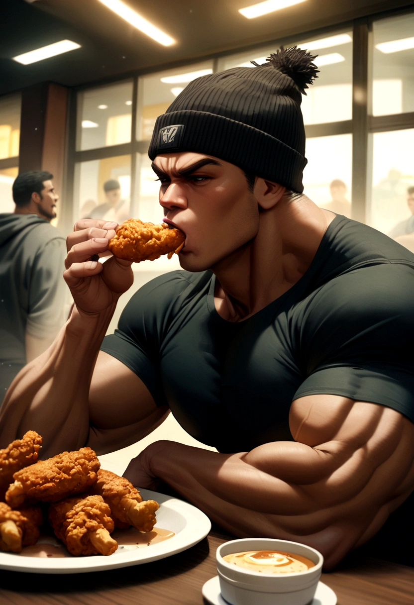 Medium muscular guy with medium long brown hair and black beanie hat eating fried chicken