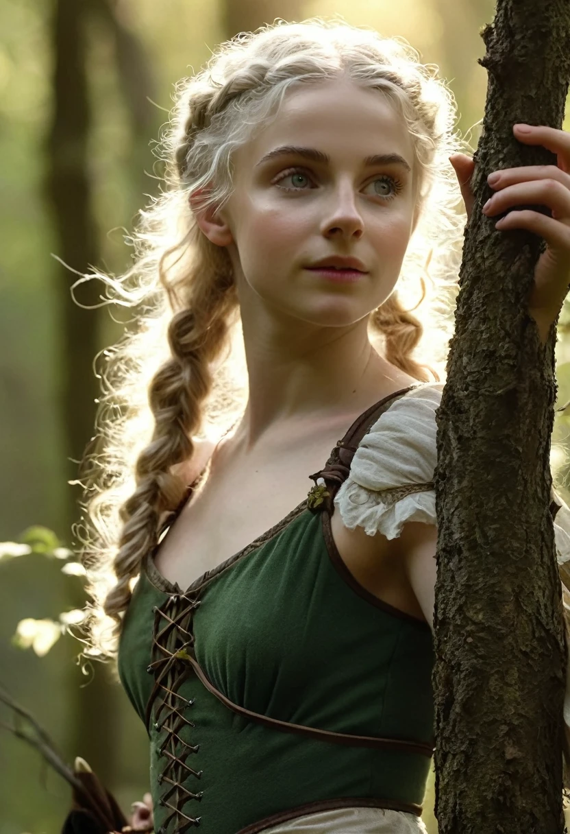(realisitic:1.4), 18 year old elf archer in the forest, pale hair, curly and disheveled, delicate features of a thin face, cute sexy, perfect whole body, FantasyStyle,  8K, professional photograpy, High definition, pele realisitic, No cosmetics, background of the Middle Ages, The sun shines its rays through the treetops, bokeh