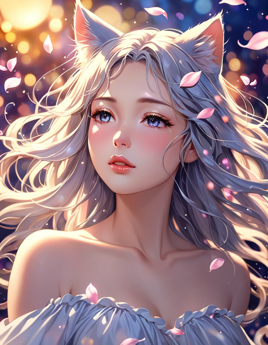 (Ah! My Goddess style:1.2) , Hallucination, daydream , nightmare , Insane Dream , bokeh , erotica , romance , cat nymph and realistic cat , Petals fluttering down , (Single eyelids, round nose, swollen cheeks) , glossy lips , Collarbone , Hair blowing in the wind , Goddess of lust