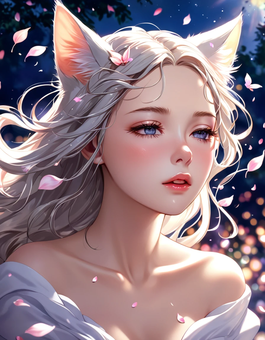 (Ah! My Goddess style:1.2) , Hallucination, daydream , nightmare , Insane Dream , bokeh , erotica , romance , cat nymph and realistic cat , Petals fluttering down , (Single eyelids, round nose, swollen cheeks) , glossy lips , Collarbone , Hair blowing in the wind , Goddess of lust