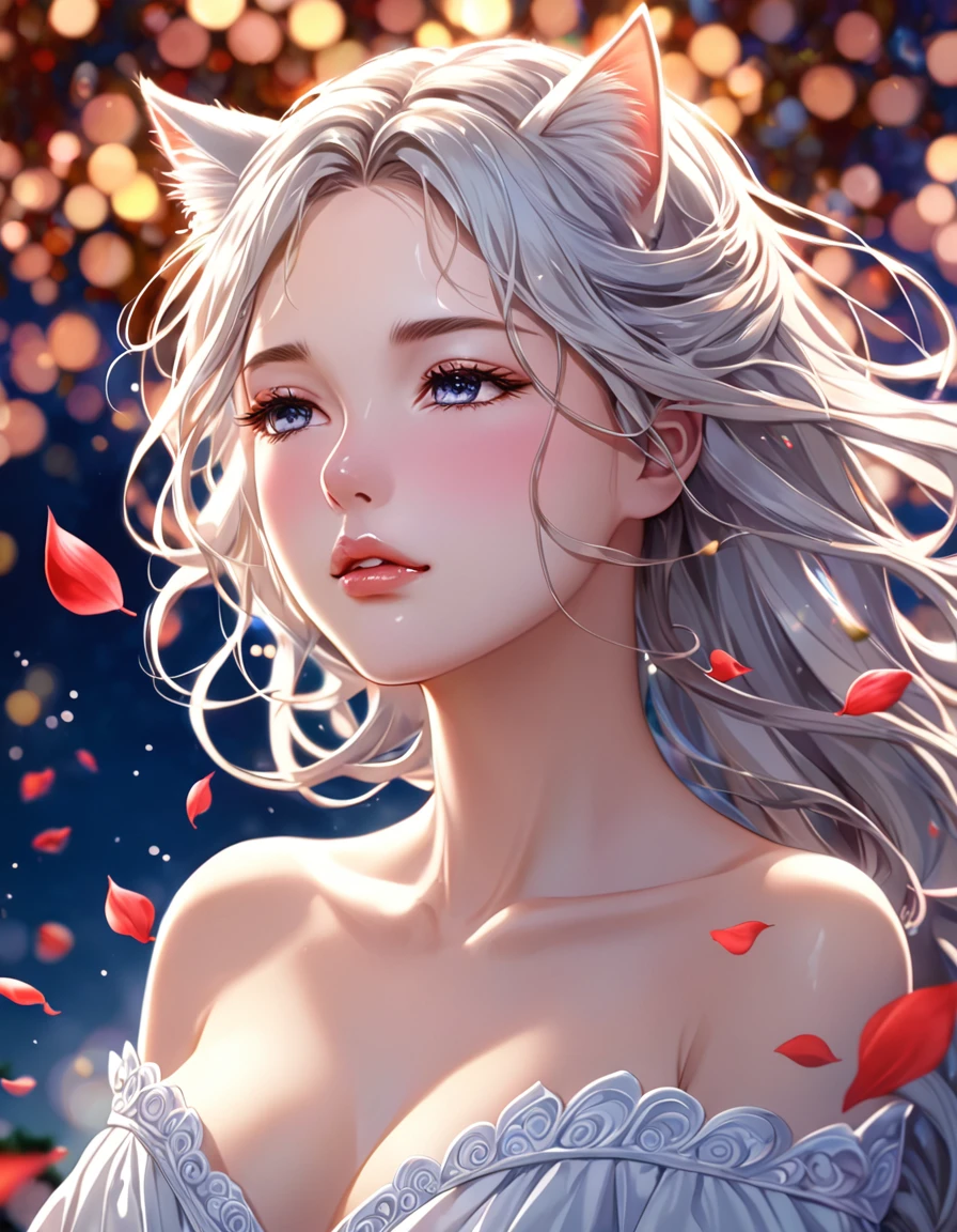 (Ah! My Goddess style:1.2) , Hallucination, daydream , nightmare , Insane Dream , bokeh , erotica , romance , cat nymph and realistic cat , Petals fluttering down , (Single eyelids, round nose, swollen cheeks) , glossy lips , Collarbone , Hair blowing in the wind , Goddess of lust