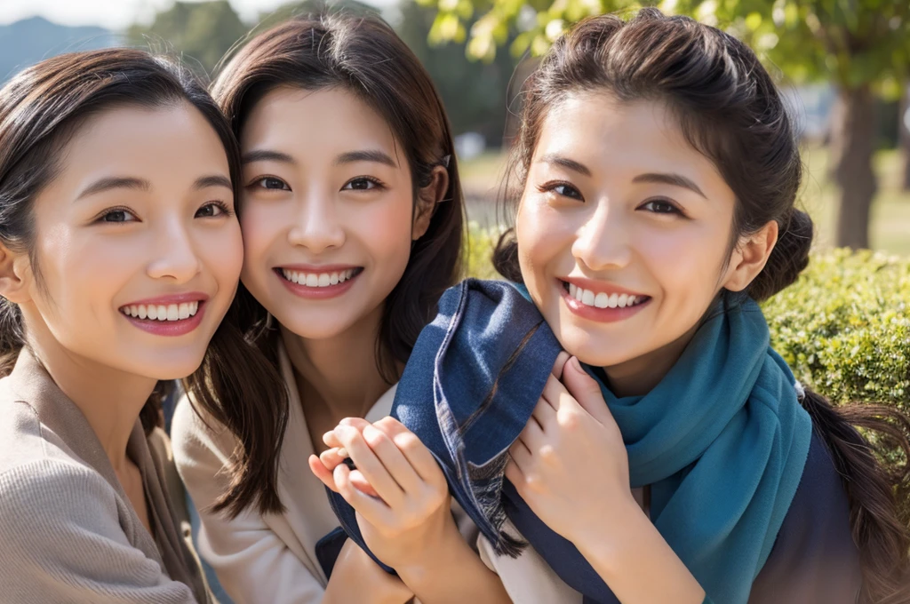 Highest quality、Masterpiece、8K、Japanese women、40s、smile、Slender figure、Realistic Face、Realistic hands、Detailed face、Three Women、Keep your distance、be happy