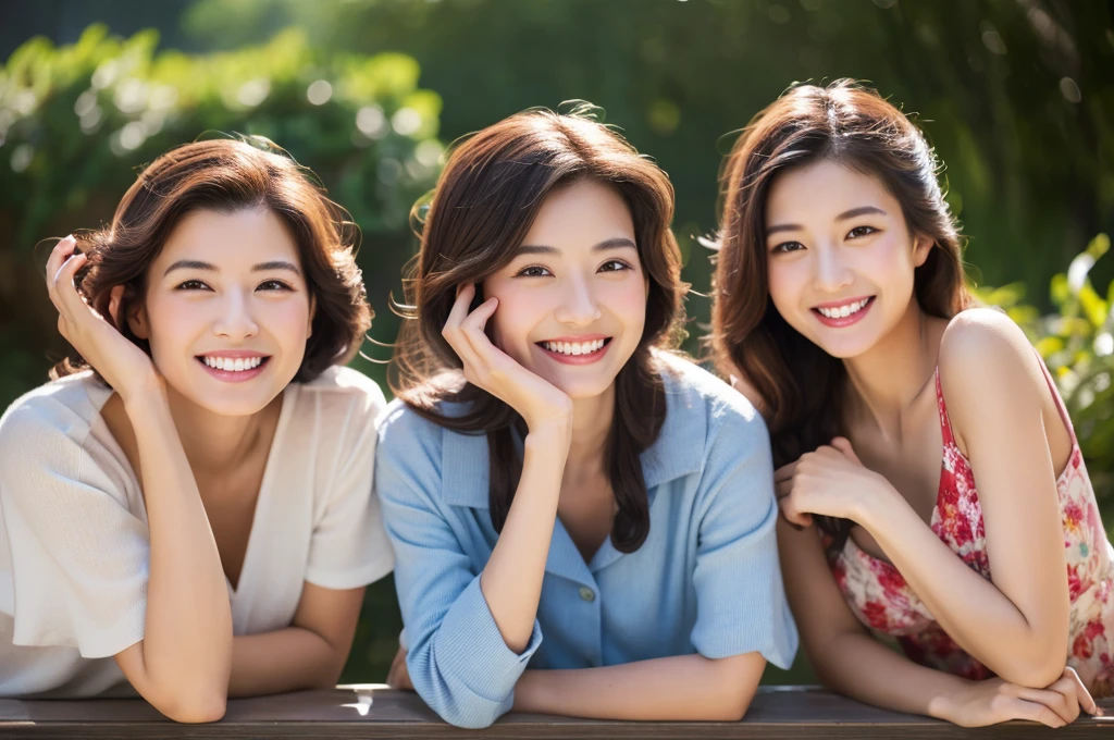Highest quality、Masterpiece、8K、Japanese women、40s、smile、Slender figure、Realistic Face、Realistic hands、Detailed face、Three Women、Keep your distance、be happy