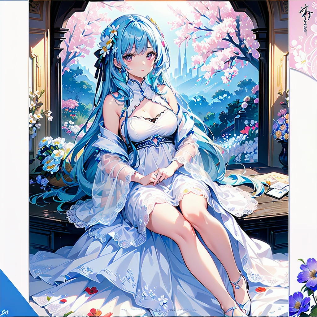 ((best quality)), ((masterpiece)), ((Super detailed)), (illustration), (Detailed lighting), (an extremely delicate and fair), ((prune)), incredible_absurd, (Ray Tracing), (reflected light), ((Movie Posters)), (sign:1.3), (English text:1.3), rest (8k:1.3), wallpaper, 1 Girl, (Girl among flowers:1.4), (Pure sky blue hair, Red Eyes:1.5), Clear skies, external, Super detailed, best quality, Ultimate quality, masterpiece, fair, beautiful, sit on the floor, (Absurdly long hair, Clear boundaries of cloth:1.4), (Pure white dress, Pure white silk cloth:1.5), (Flower land, A thousand flowers, Colorful flowers, The flowers around her, Various flowers:1.51), young, amazing, attractive, Sundress, Wonderful scenery, Pure white shoes