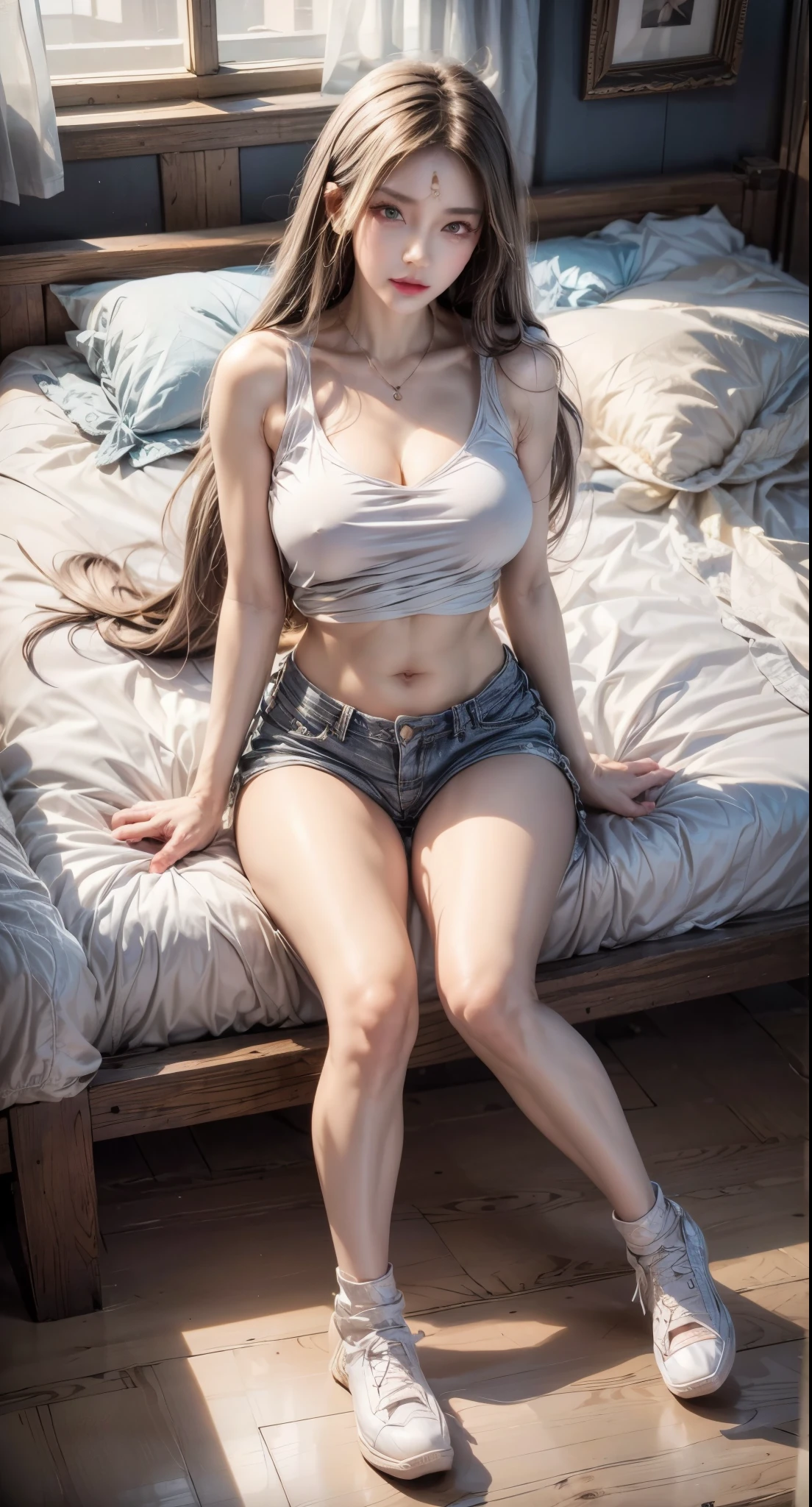 realistic, 1 women, best quality, 12k, HD, long hair, big round breasts, cleavage, ponytail, necklace, jewelry, shorts, short jacket, slim hips, hair tie, yellow eyes, black hair, super detailed, Eye details, hair details, person details, mouth details, face details, breast details, clothes details, hair details, pants details, hand details, whole body