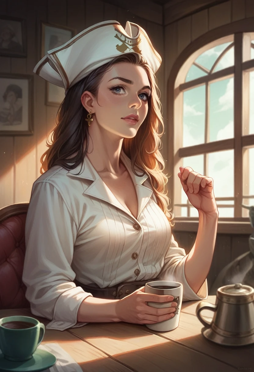 Create a coffee cup filled with a pirate ship inside, PICTURE REALISTIC.