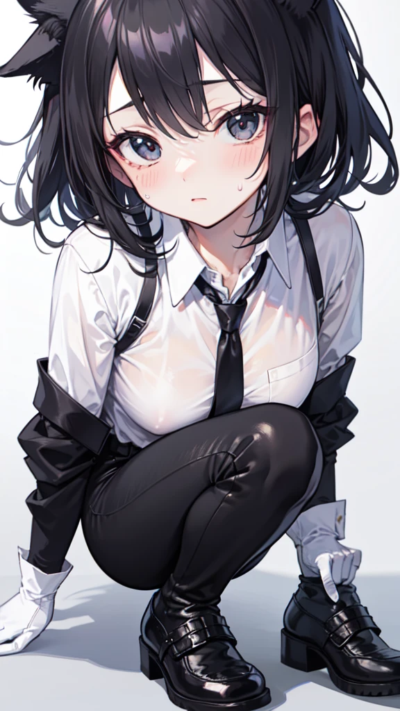 18-year-old Shota,cute,Wear a white long-sleeved shirt and a black work tie,Wear black pants,Wear black booties,Wear white gloves,wear cat ear,Black hair,Black eyes,Very thin legs,The waist is very thin,blush,sweat,Fear,Unwilling,comfortable,porn,close-up phoro