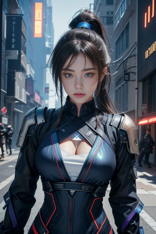 Game Art，Best image quality，Highest Resolution，8K，((Bust photo))，((Portraiture))，(Three-part method)，Unreal Engine 5 Renders， (Future Girl)，(Woman warrior)，22-year-old girl，(Long ponytail hairstyle in red and blue shades)，(Beautiful eyes with attention to detail)，(Big Breasts)，Elegant and attractive，smile，(Frowning)，(Clothes filled with futuristic sci-fi style，sweater，Delicate pattern，Shining Jewel，armor)，Cyberpunk characters，Futuristic Style， Photo pose，Street background，Cinema Lighting，Ray Tracing，Game CG，((3D Unreal Engine))， Rendering Reflection Pattern