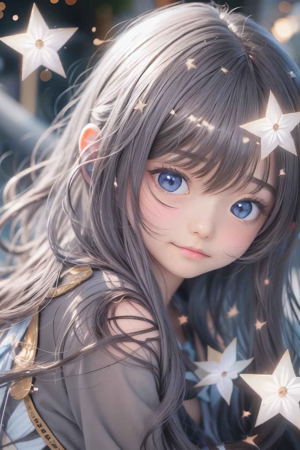 Realistic、8age、Real masterpieces, Highest quality, Highly detailed shape,1 Girl,alone, 画像Book体, flower, Looking at the audience、 Purple eyes, Jewel-like eyes, Very beautiful eyes, Highly detailed face,, , star (null), star座, Purple Energy, handrail, 流star、Shiny, straight, long hair down to the waist, Beautiful shiny bangs、16k、photograph、quality、Looking down on a young girl from above、指は4Book、The thumb1Book、Well-formed fingers、smile、24k、