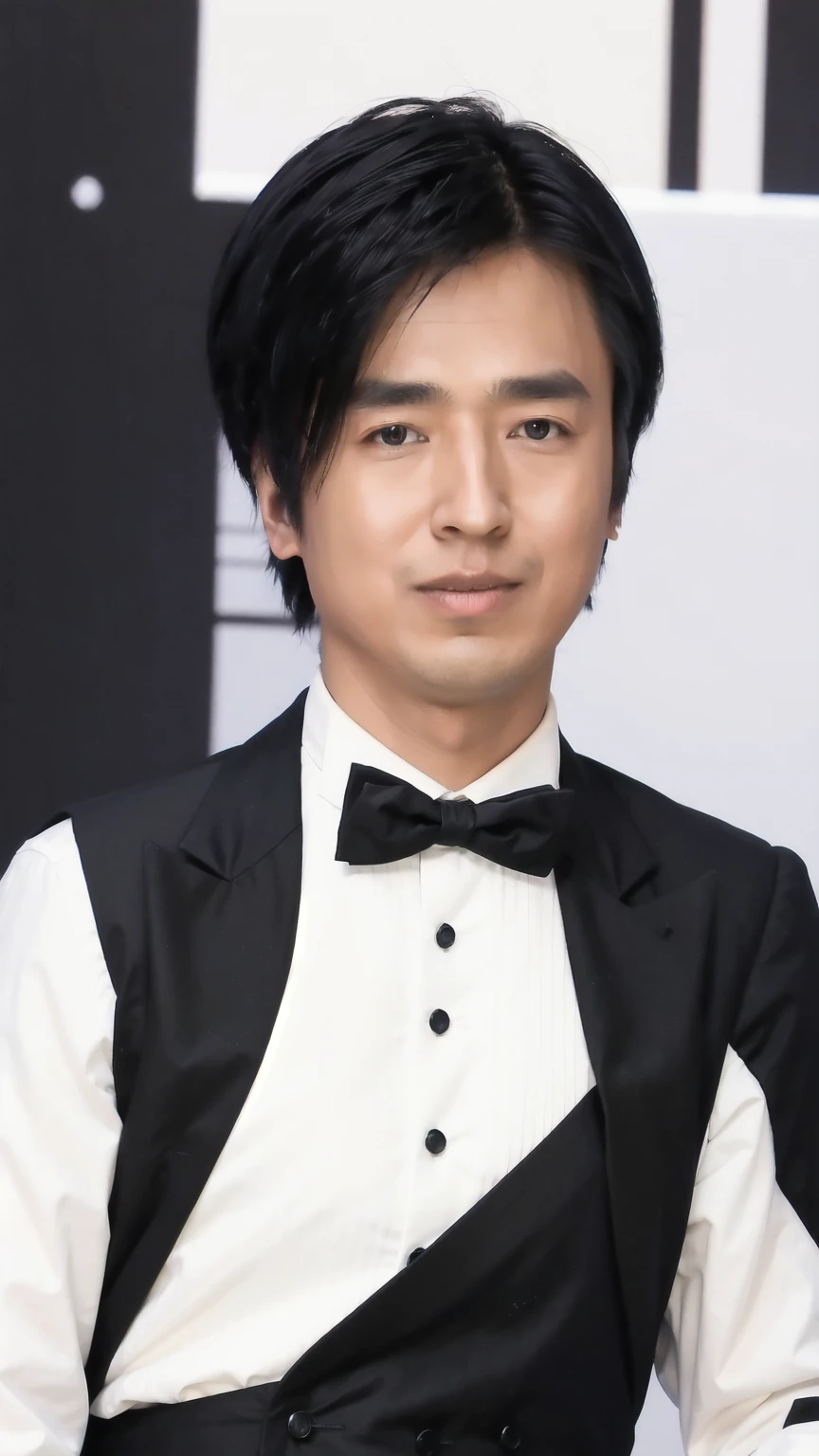 35-year-old man, Soft headlights,High-density imaging,((Slim face)),((Slender face)),((Black suit)),((White shirt)),((Various dynamic poses)),((Half-length photo)),((Background is white curtain)),best quality,masterpiece,(Soft colors:1.2)