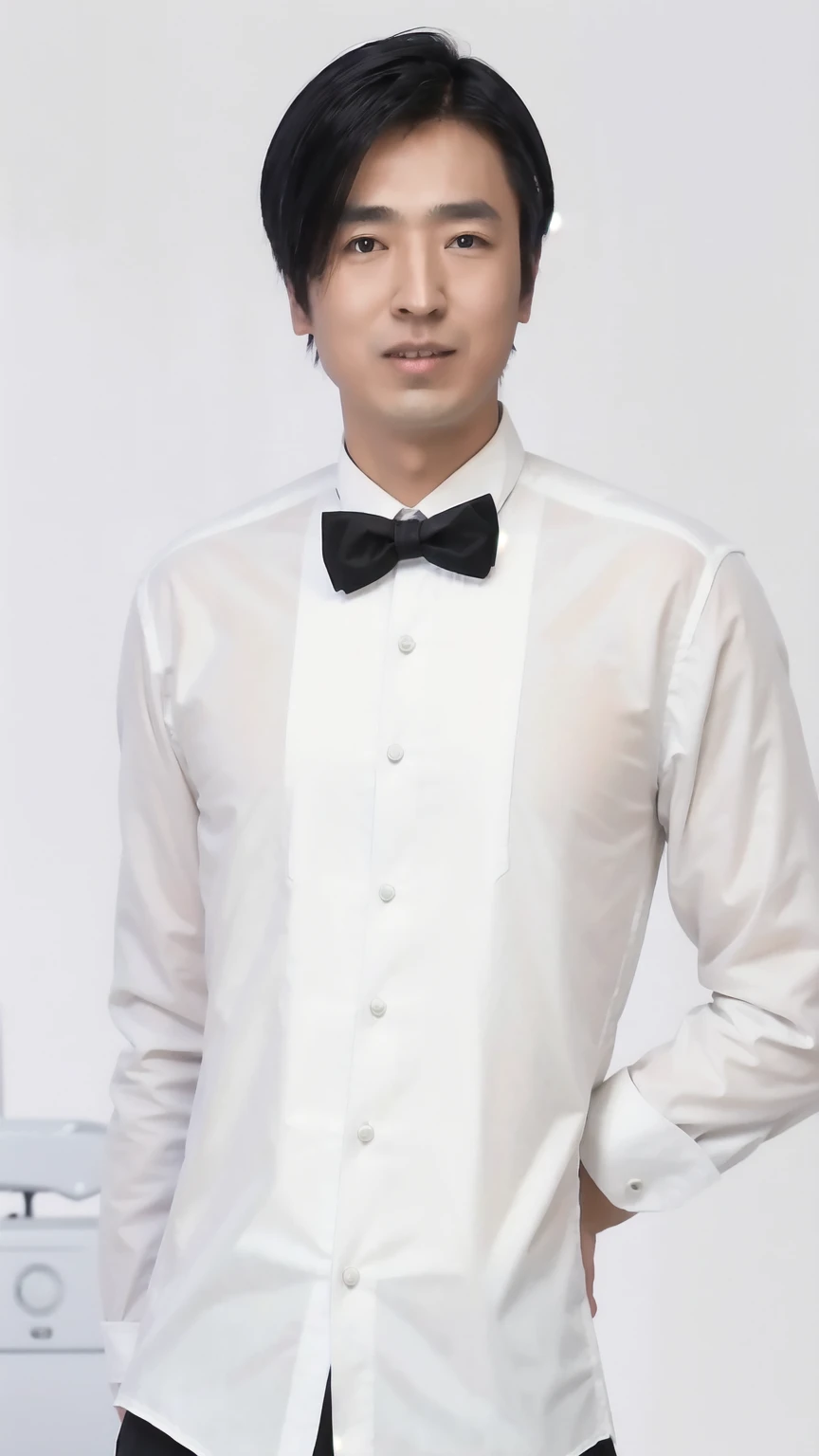 35-year-old man, Soft headlights,High-density imaging,((Slim face)),((Slender face)),((Black suit)),((White shirt)),((Various dynamic poses)),((Half-length photo)),((Background is white curtain)),best quality,masterpiece,(Soft colors:1.2)