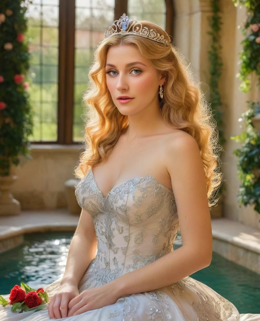 princess in blissful languor, beautiful detailed eyes, beautiful detailed lips, flowing gown, dreamy expression, golden hair cascading down, sparkling tiara, strawberry blonde curls, royal palace, soft sunlight filtering through stained glass windows, exquisite chandelier lighting, romantic atmosphere, vibrant colors, Mediterranean garden, fragrant flowers in full bloom, fountain with dancing water, whispering breeze, whimsical butterflies fluttering around, faint sound of birds chirping, lush greenery, ivy-covered trellis, endless rows of blooming roses, Prince Charming's irresistible presence, anticipating love and happiness, (best quality, 4k, 8k, highres, masterpiece:1.2), ultra-detailed, (realistic, photorealistic, photo-realistic:1.37), romantic portrait style, soft pastel color palette, dreamy lighting, ethereal ambiance