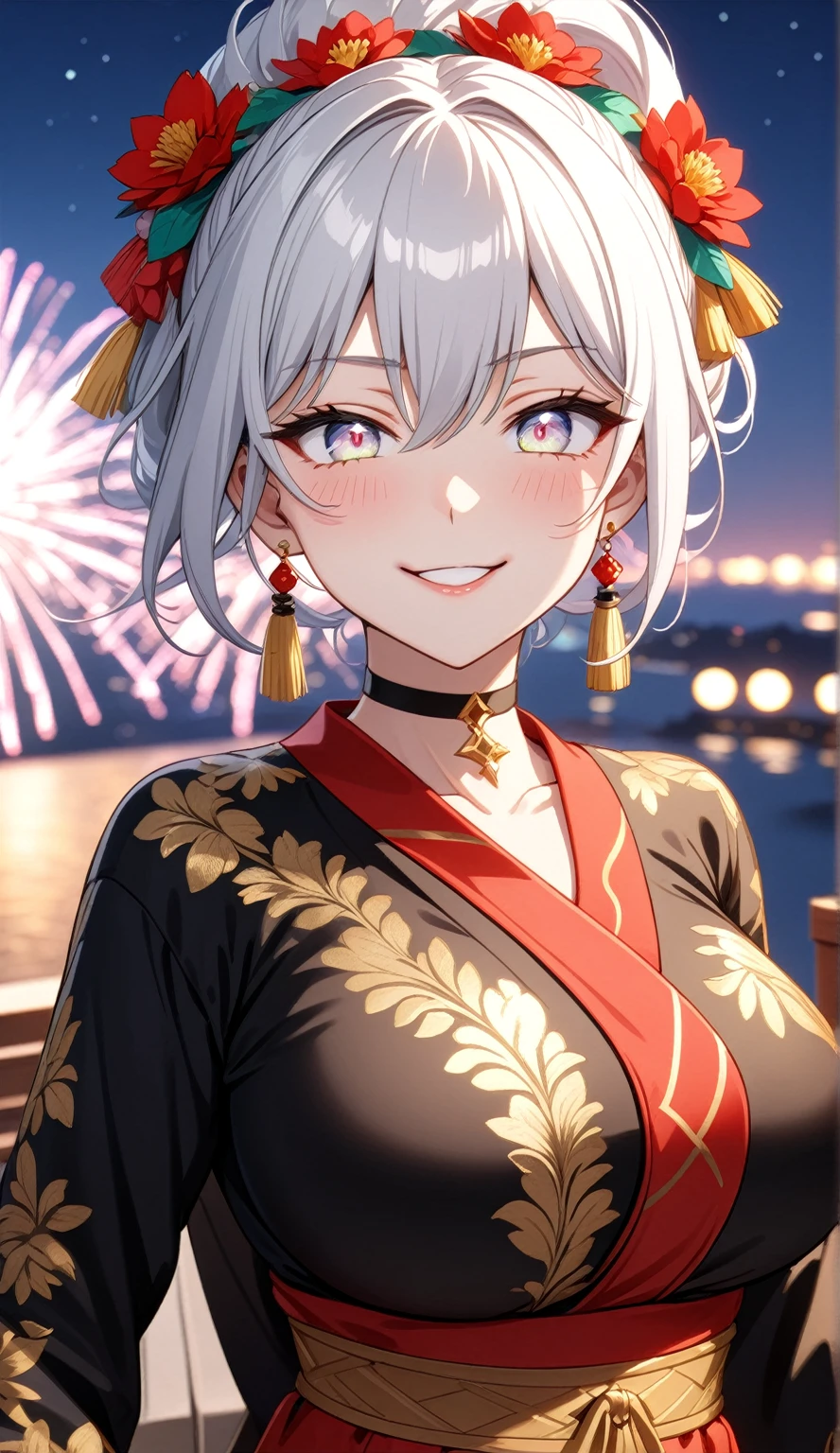 ((One personの女性)), Beautiful Face,Laughing embarrassedly,((Wink:1.9)),Laugh with your mouth wide open, waving at viewer, ((Bright red cheeks:1.4)),Glossy red lips,night,rooftop,Festive decorations,You can see the ocean, firework,Lighting on the face,((Anime style background)),masterpiece, Highest quality, so beautiful,Latest, Complex details, (Pink long nails),(ring),(bracelet),(choker),AI-generated, Complex,High resolution, Highest quality, super high quality,3D Images、looking outside、3D Images,One person,Long white hair,High Ponytail,(blue eyes),Anime woman posing for a photo, ((Fine grain、Silvery white colorful eyes、Shining Eyes:1.4)),(Squint your eyes:1.1),a hyperRealistic , hyperRealistic , Realistic,Anime woman with long and white hair, Smooth anime CG art, A woman in a colorful kimono with gold embroidery, (Black long sleeve kimono),Red floral pattern,Long flower hair ornament,Big earrings,Mature Body,(Big Breasts:1.1),Tall,Abdominal muscles,Narrow waist,(Zoom in on face:1.8),Photographed from the front