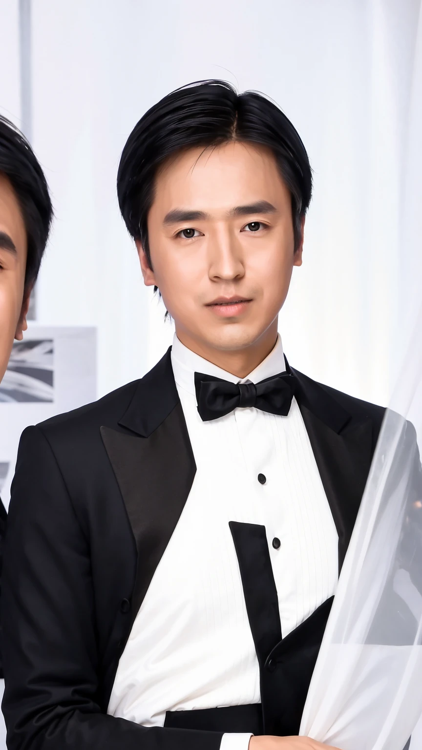 35-year-old man, Soft headlights,High-density imaging,((Slim face)),((Slender face)),((Black suit)),((White shirt)),((Various dynamic poses)),((Half-length photo)),((Background is white curtain)),best quality,masterpiece,(Soft colors:1.2)