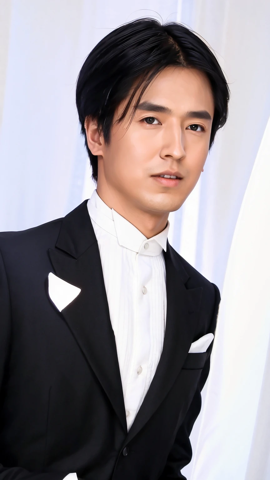 35-year-old man, Soft headlights,High-density imaging,((Slim face)),((Slender face)),((Black suit)),((White shirt)),((Various dynamic poses)),((Half-length photo)),((Background is white curtain)),best quality,masterpiece,(Soft colors:1.2)