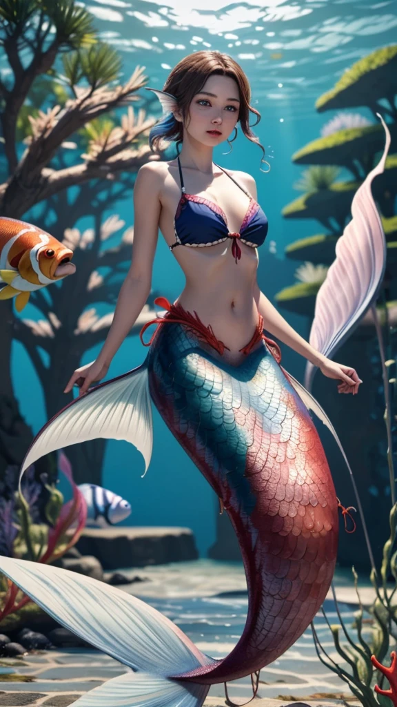 a detailed rendering of a beautiful young mermaid with short brown hair and blue eyes, her expression is shocked, 1 girl, bikini top floating away, scales on chest, underwater scene with magikarp tail, medium breasts, groin outline, (best quality,4k,8k,highres,masterpiece:1.2),ultra-detailed, HDR,UHD,studio lighting,ultra-fine painting,sharp focus,physically-based rendering,extreme detail description,professional,vivid colors,bokeh