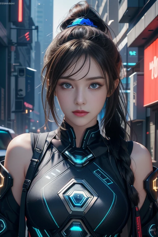 Game Art，Best image quality，Highest Resolution，8K，((Bust photo))，((Portraiture))，(Three-part method)，Unreal Engine 5 Renders， (Future Girl)，(Woman warrior)，22-year-old girl，(Long ponytail hairstyle in red and blue shades)，(Beautiful eyes with attention to detail)，(Big Breasts)，Elegant and attractive，smile，(Frowning)，(Clothes filled with futuristic sci-fi style，sweater，Delicate pattern，Shining Jewel，armor)，Cyberpunk characters，Futuristic Style， Photo pose，Street background，Cinema Lighting，Ray Tracing，Game CG，((3D Unreal Engine))， Rendering Reflection Pattern