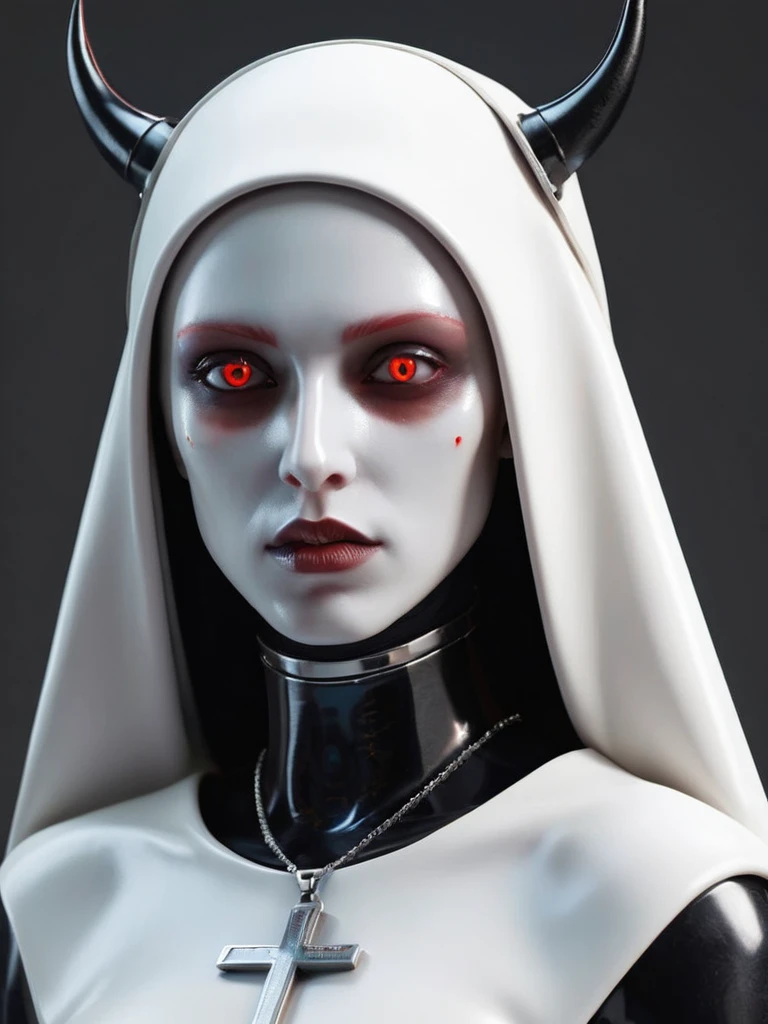 ral-opal, meahophontron, full body, woman robot face, devil nun, negro, looking at camera, body nun clothes, red eyes, primer plano looking at camera, realist, beautifull woman