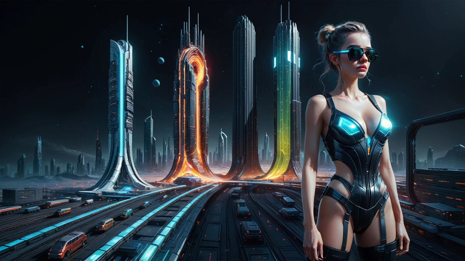 Brightly colored abstract aerial view image of a (((((futuristic railway station))))) with a spiral, a (((futuristic all-glass train))) passing by, epic beautiful space sci-fi, chaotic cinematic space rift, Greg Beeple, planets colliding, Beeple and Tim Hildebrandt, Beeple and Jean Giraud, end of the universe, (((giant glass lion sculpture))), galaxy space sci-fi, ringworld, by Mike "Beeple" Winkelmann. Matrix style, (((Matrix cascading code))), (((a futuristic twin tower skyscraper with a unique twisted design))), (((OLED GUI interfaces in the building))), at night, (((((1girl, solo))))), photo realistic, (((((((large-breast:1.2 body, cleavage:1.4))))))), (((((off broken mini sling-shirt and black sling bra, extreamly short pleated miniskirt exposing panty))))), (((((running pose))))), (((((((matrix style black micro sunglasses))))))), ((((((((((aiming with a short gun)))))))))), (((((looking at camera))))), (((very low view))), (((((half-body thigh level medium shot))))), (((cinematic lighting))).