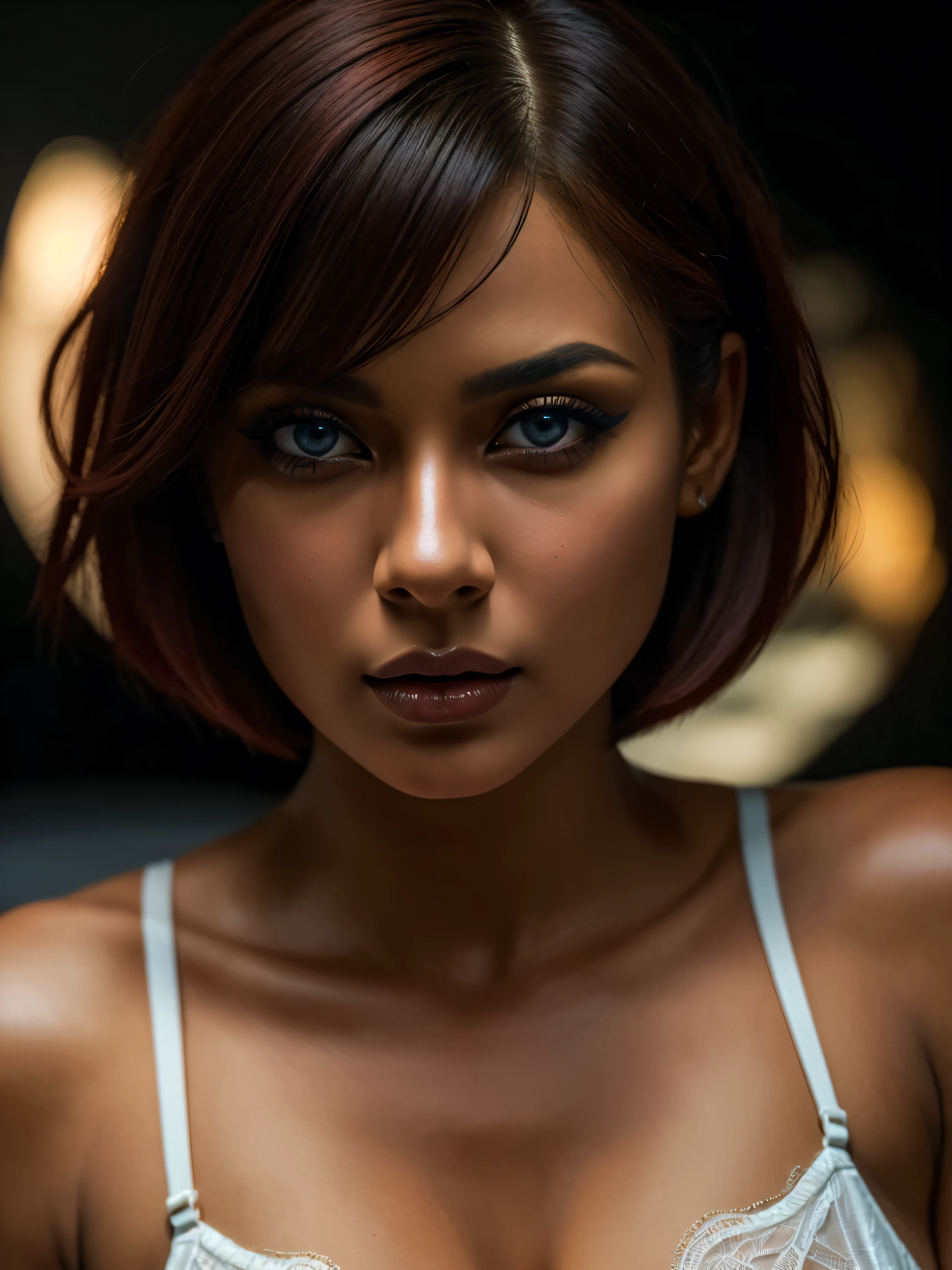 a beautiful woman with dark skin, red bob haircut, expressive blue eyes, wearing white lace lingerie, in a bedroom setting with a sexy, erotic atmosphere, (best quality,4k,8k,highres,masterpiece:1.2),ultra-detailed,(realistic,photorealistic,photo-realistic:1.37),portrait,chiaroscuro lighting,dramatic lighting,cinematic,dramatic colors,rich colors,glowing skin,detailed facial features,sensual,alluring, intricate details,dramatic lighting,cinematic composition,sensual,captivating expression,alluring. HDMI, HDRI, UDHD,((Diffuse effect)), ((volume effect 1.1)), ((Depth of field 1.1)), ((fisheye lens)