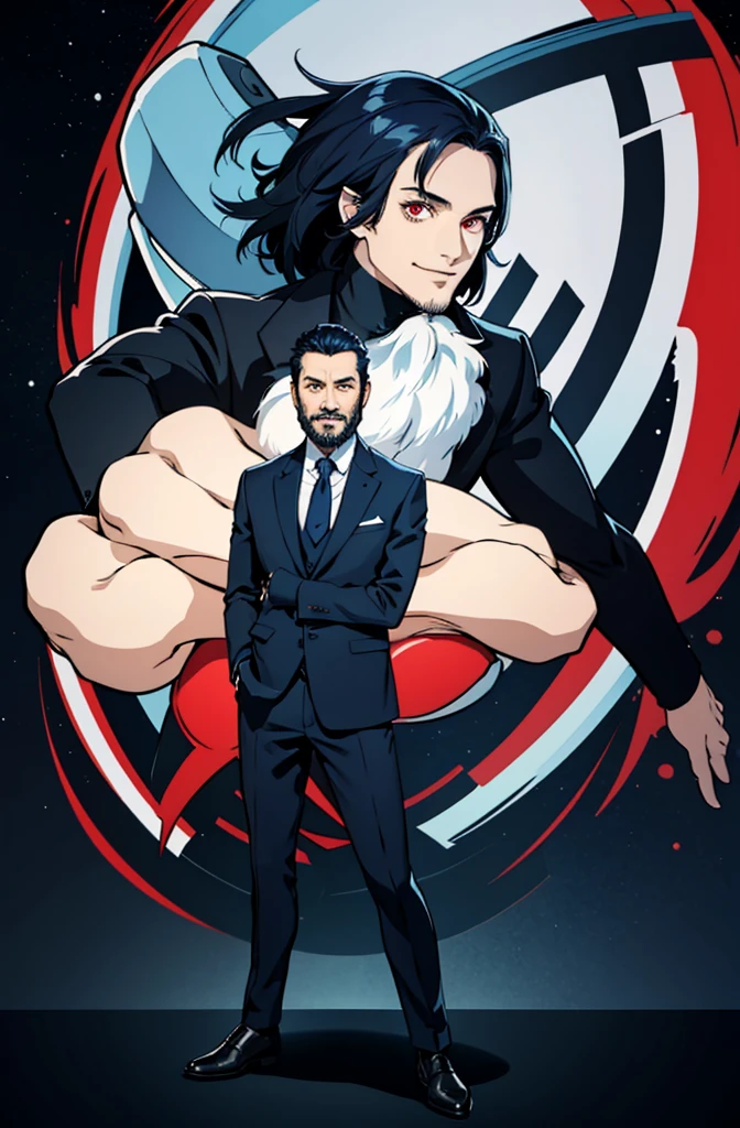 1 man, dark blue hair, suit, ((full body)), smile, black beard, red eyes,50 years old,full body,whole body,
