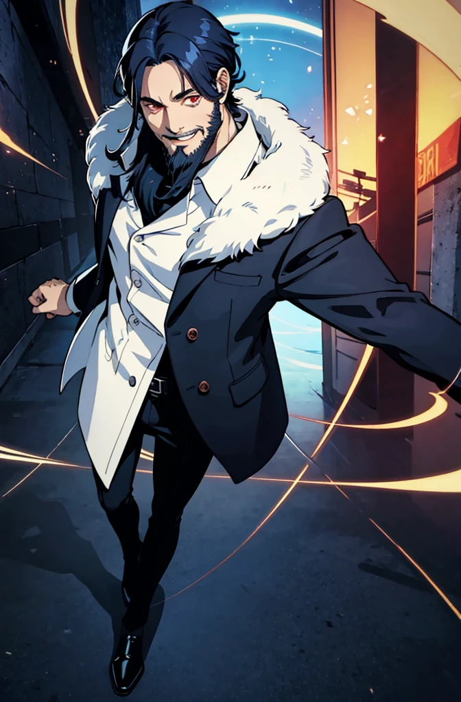 1 man, dark blue hair, suit, ((full body)), smile, black beard, red eyes,50 years old,full body,whole body,