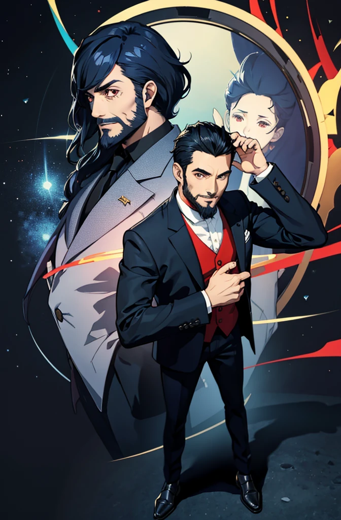 1 man, dark blue hair, suit, ((full body)), smile, black beard, red eyes,50 years old,full body,whole body,