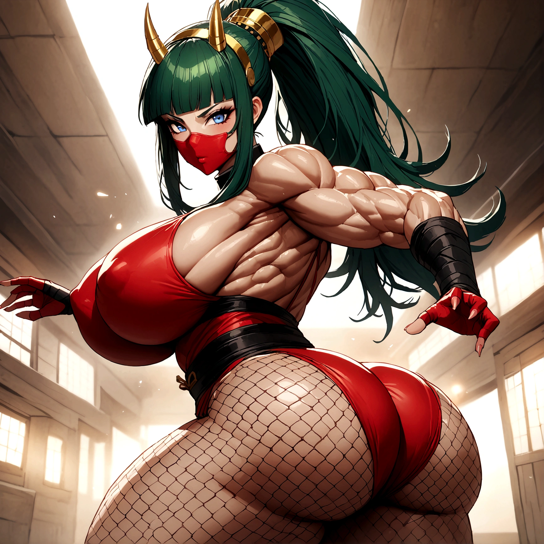 Ninja girl, cleopatra hair, green hair, ponytail hair, extreme muscular body, huge breasts, huge ass, fair skin, fishnets, red ninja outfit, ninja mask, oni horns and blue eyes.