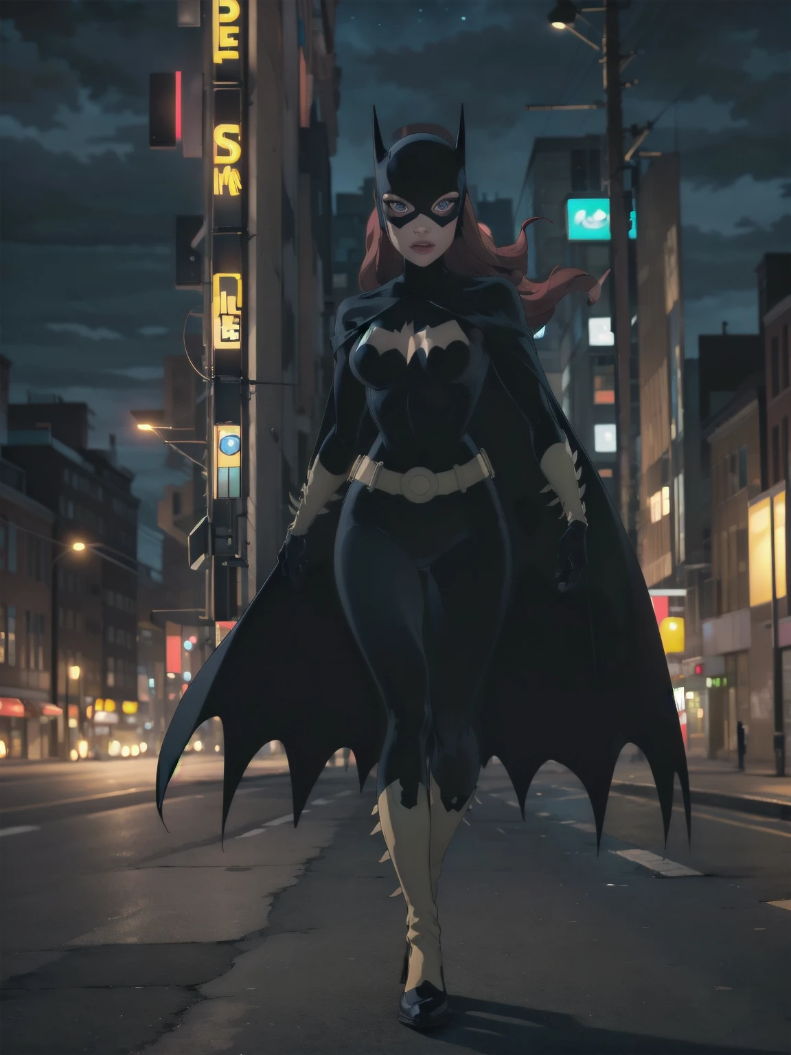 masterpiece, best quality, 1girl, CARTOON_batgirl_ownwaifu,www.ownwaifu.com,mask,long hair,blue eyes,bodysuit,breasts,cape,domino mask,belt,medium breasts,superhero,gloves,lips,black bodysuit,helmet,belt buckle,horns,bat_print,pouch, curvy, toned, large breasts, narrow waist, realistic, 3d, night sky, cityscape, full body view