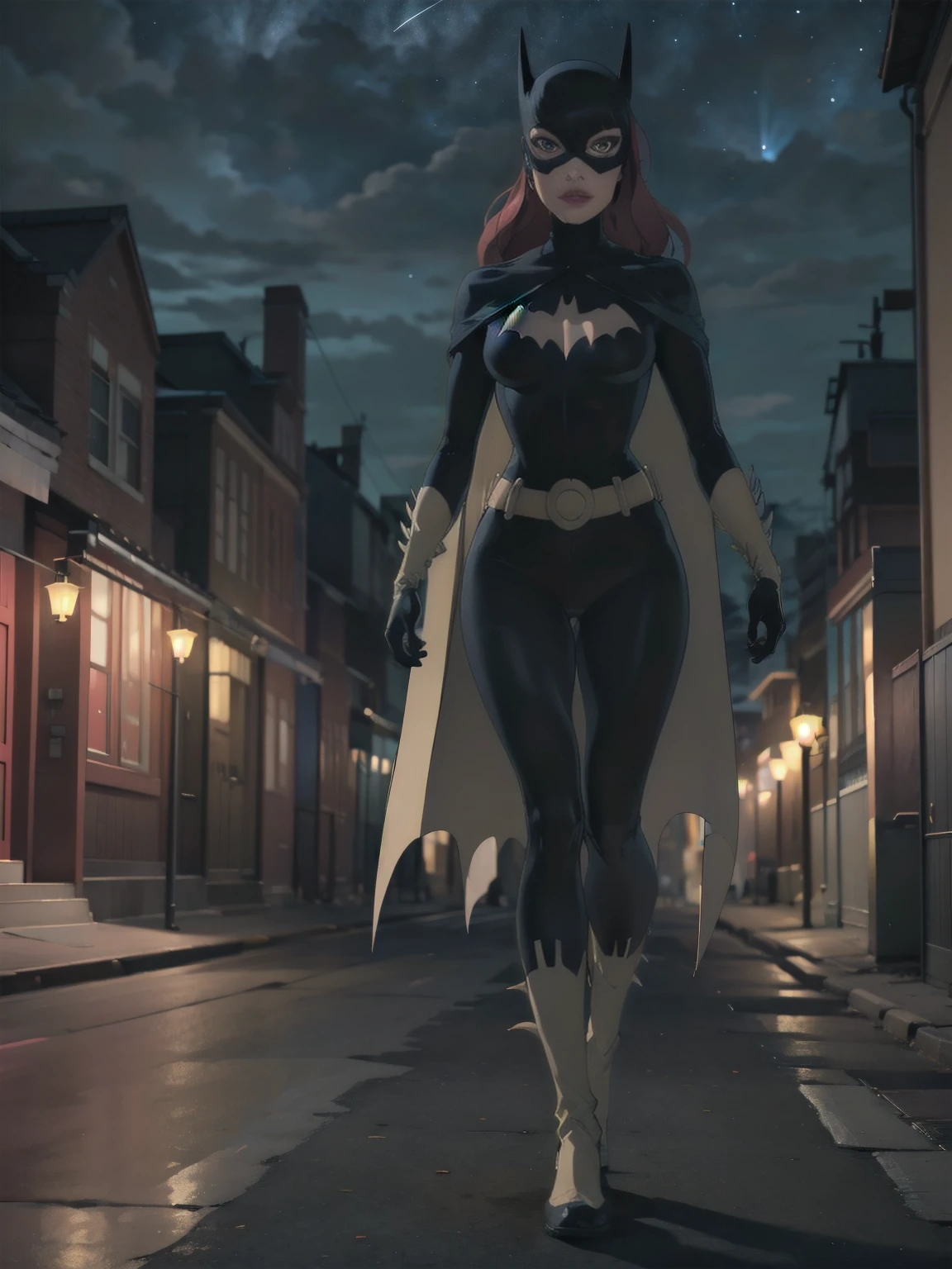 masterpiece, best quality, 1girl,  CARTOON_batgirl_ownwaifu,www.ownwaifu.com,mask,long hair,blue eyes,bodysuit,breasts,cape,domino mask,belt,medium breasts,superhero,gloves,lips,black bodysuit,helmet,belt buckle,horns,bat_print,pouch, curvy, toned, large breasts, narrow waist,  realistic, 3d, night sky, cityscape, full body view