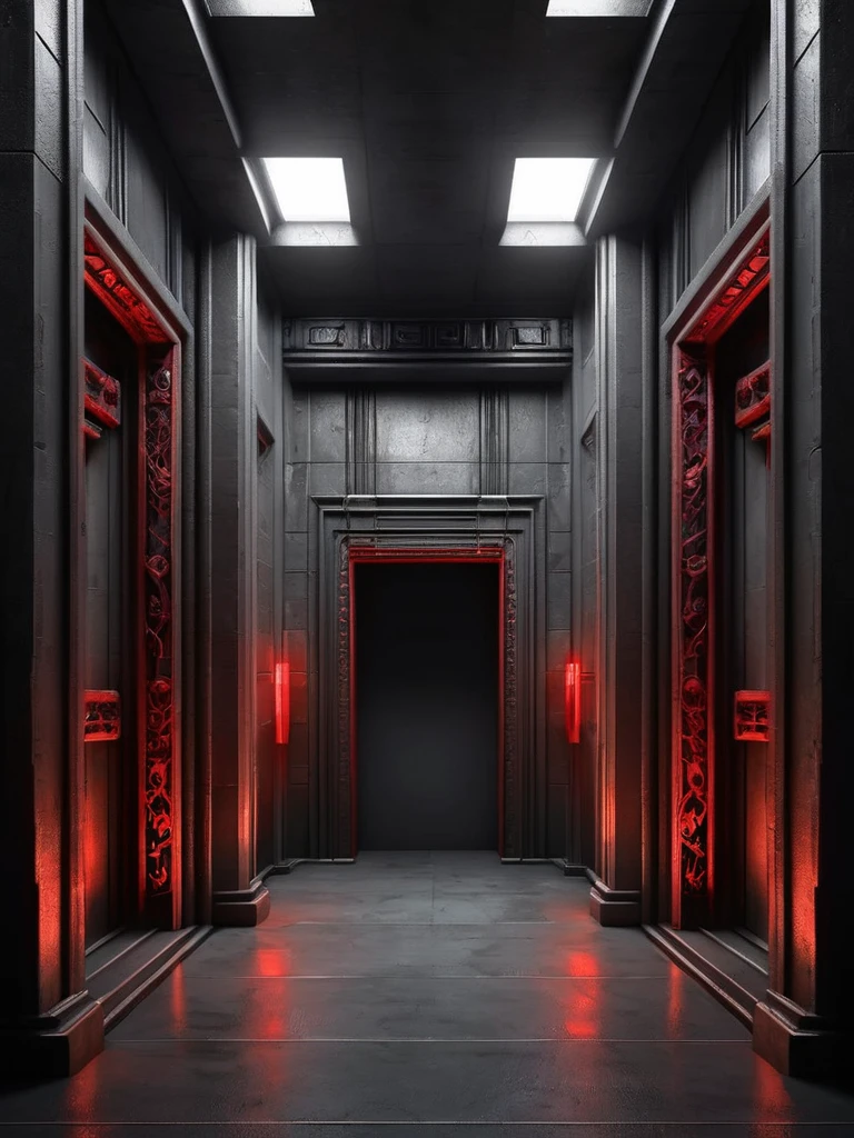tunel, infernal themed futuristic background image, palacio hell, symmetrical image, hell, dark gray wall, negro, red, puertas al hell columnas