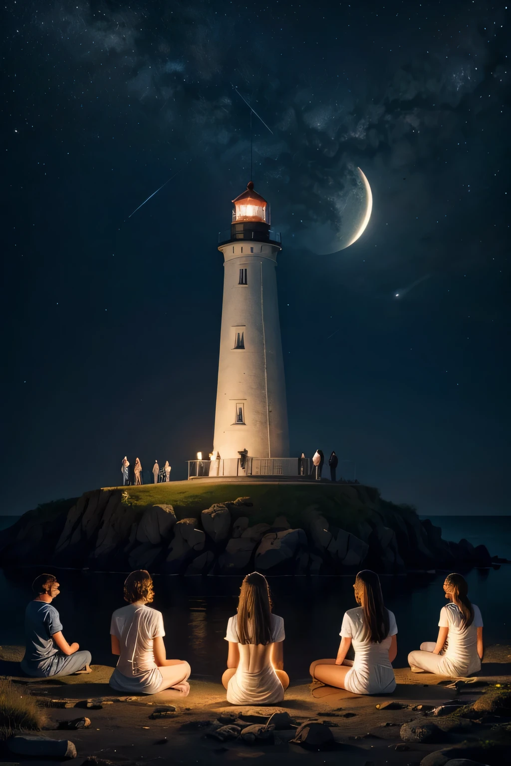 a lighthouse on a starry night with a full moon illuminating a group of people who are meditating.