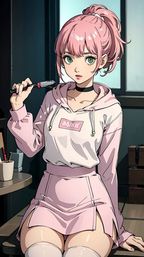 1 girl, green eyes, very Short hair, pink choker, lipstick, Shy, pink hair , tomboy Pixie haircut, hoodie, skirt, white stockings, thicc legs,cowboy shot, sit, flat chest, ponytail 