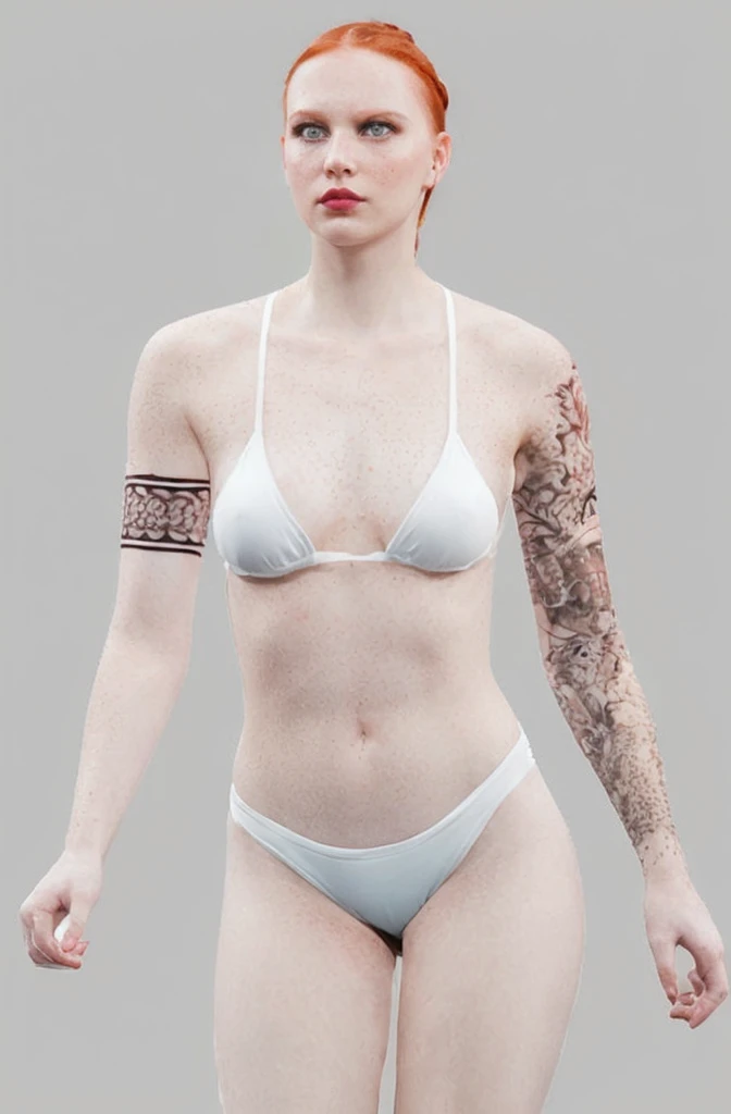 white redhead, woman named Lagertha, ((( very pale skin ))), ((( very light green eyes ))), ((( orange short hair arranged in a bun with bangs ))), lovely and beautiful serious face, freckles, wonderful and perfect realistic naked body, perfect naked small breasts, perfect pointy nipples, realistic naked vagina, realistic labia, perfect bright red lips with bright red lipstick, white background, ((( direct bright lighting in her entire body ))), ((( extremely blushed cheeks ))), ((( bright green iris ))), ((( extreme thin lips ))), (((small lips )))