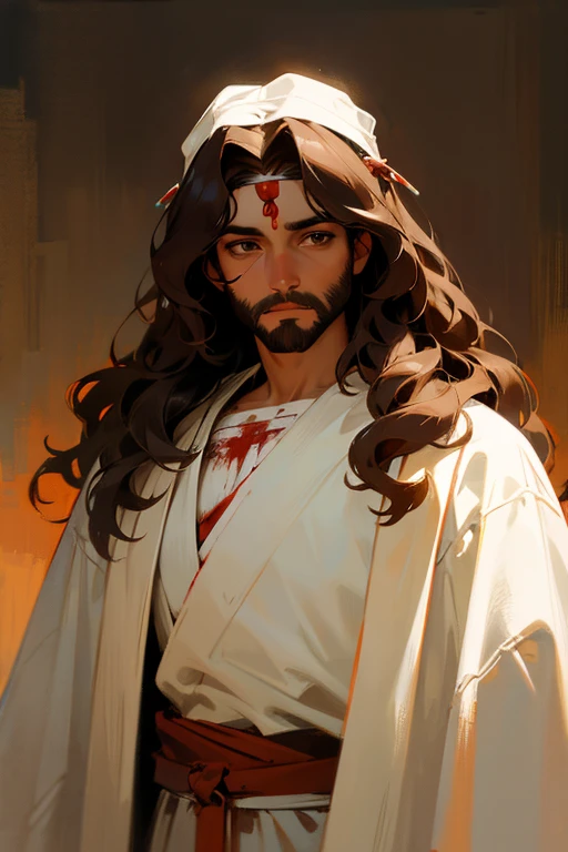create an image in a semi-realistic painting style of Jesus with brown skin, wavy hair,and wearing a diadem on the head and eyes like the sun, dressed in a white robe stained with blood
him lookin at the front