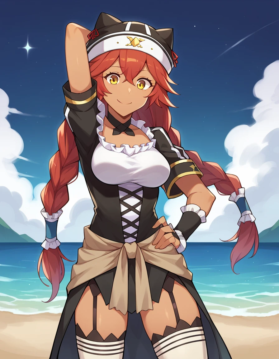 score_9, score_8_up, score_7_up, BREAK, 1girl, solo, breasts, lupusregina beta, dark skin, twin braids, hat, frills, black dress, short sleeves, bridal gauntlets, white thighhighs, garter straps, choker,  high quality, solo, 1girl, night sky, beach, arm behind head, hand on hip,  (contrapposto), closed mouth, spread armpits, (cowboy shot:1.5), looking at viewer, smile, best quality,