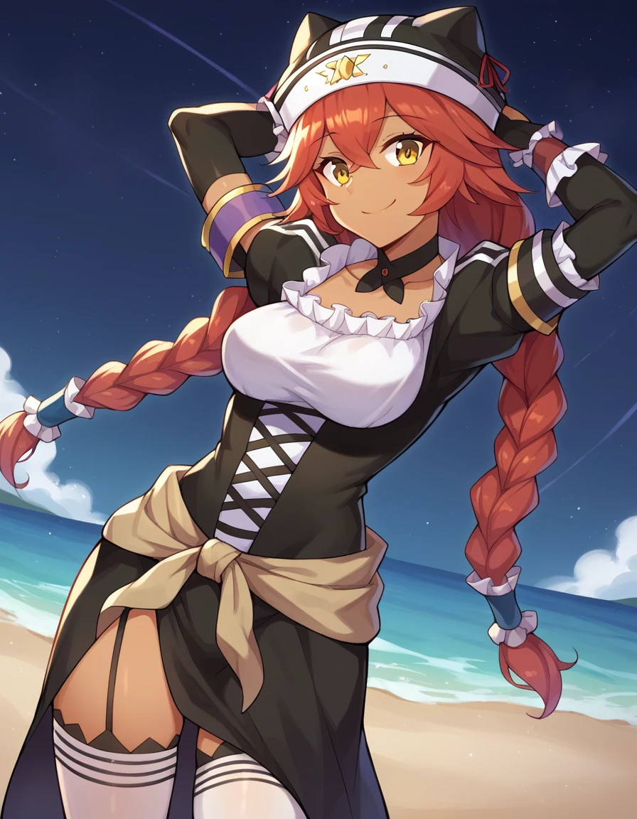 score_9, score_8_up, score_7_up, BREAK, 1girl, solo, breasts, lupusregina beta, dark skin, twin braids, hat, frills, black dress, short sleeves, bridal gauntlets, white thighhighs, garter straps, choker,  high quality, solo, 1girl, night sky, beach, arm behind head, hand on hip,  (contrapposto), closed mouth, spread armpits, (cowboy shot:1.5), looking at viewer, smile, best quality,