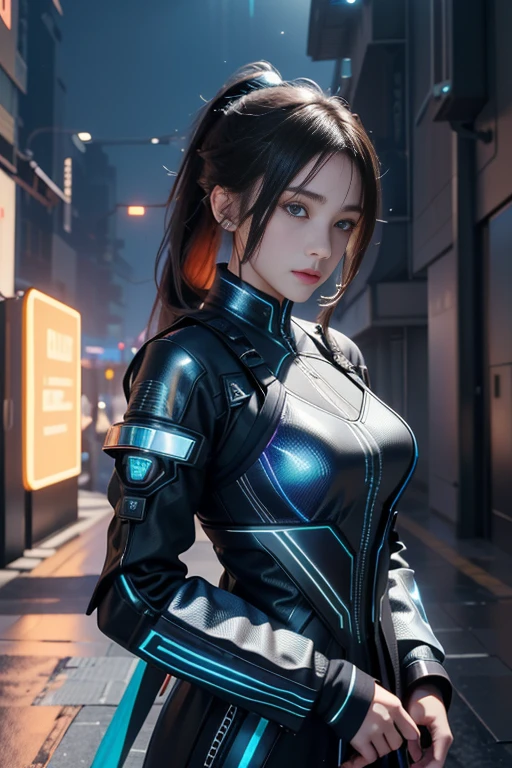 Game Art，Best image quality，Highest Resolution，8K，((Bust photo))，((Portraiture))，(Three-part method)，Unreal Engine 5 Renders， (Future Girl)，(Woman warrior)，22-year-old girl，(Long ponytail hairstyle in red and blue shades)，(Beautiful eyes with attention to detail)，(Big Breasts)，Elegant and attractive，smile，(Frowning)，(Clothes filled with futuristic sci-fi style，sweater，Delicate pattern，Shining Jewel，armor)，Cyberpunk characters，Futuristic Style， Photo pose，Street background，Cinema Lighting，Ray Tracing，Game CG，((3D Unreal Engine))，OC Rendering Reflection Pattern