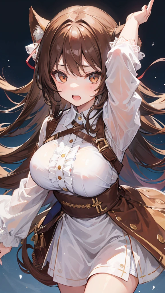 Girl with long brown hair,with two large front teeth