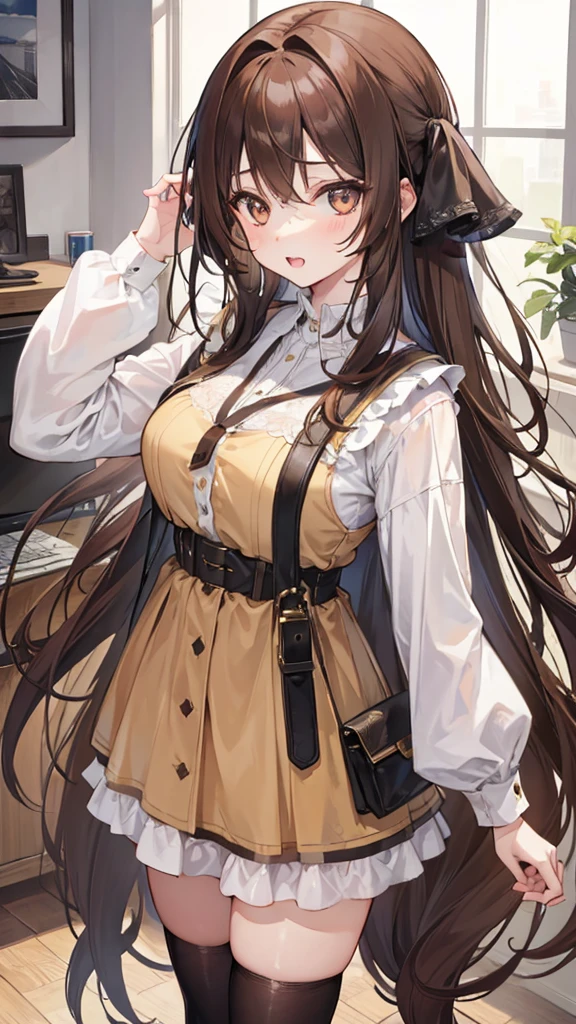 Girl with long brown hair,with two large front teeth