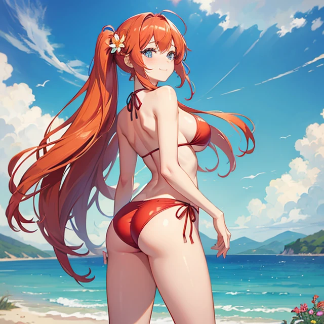 (masterpiece, best quality, detailed), 1girl, solo, looking at the sky
ElfGirl, reddish orange hair, 1 left hair pigtail tied with two flowers, light blue eyes, smile, closed mouth, huge breasts, big butt, beautiful legs, lightblue flower at side of hair, (pale pink bikini), wooden docks, midday, blue sky, cloud, scenery, walking, arms at the butt, hands at glutes, back view,