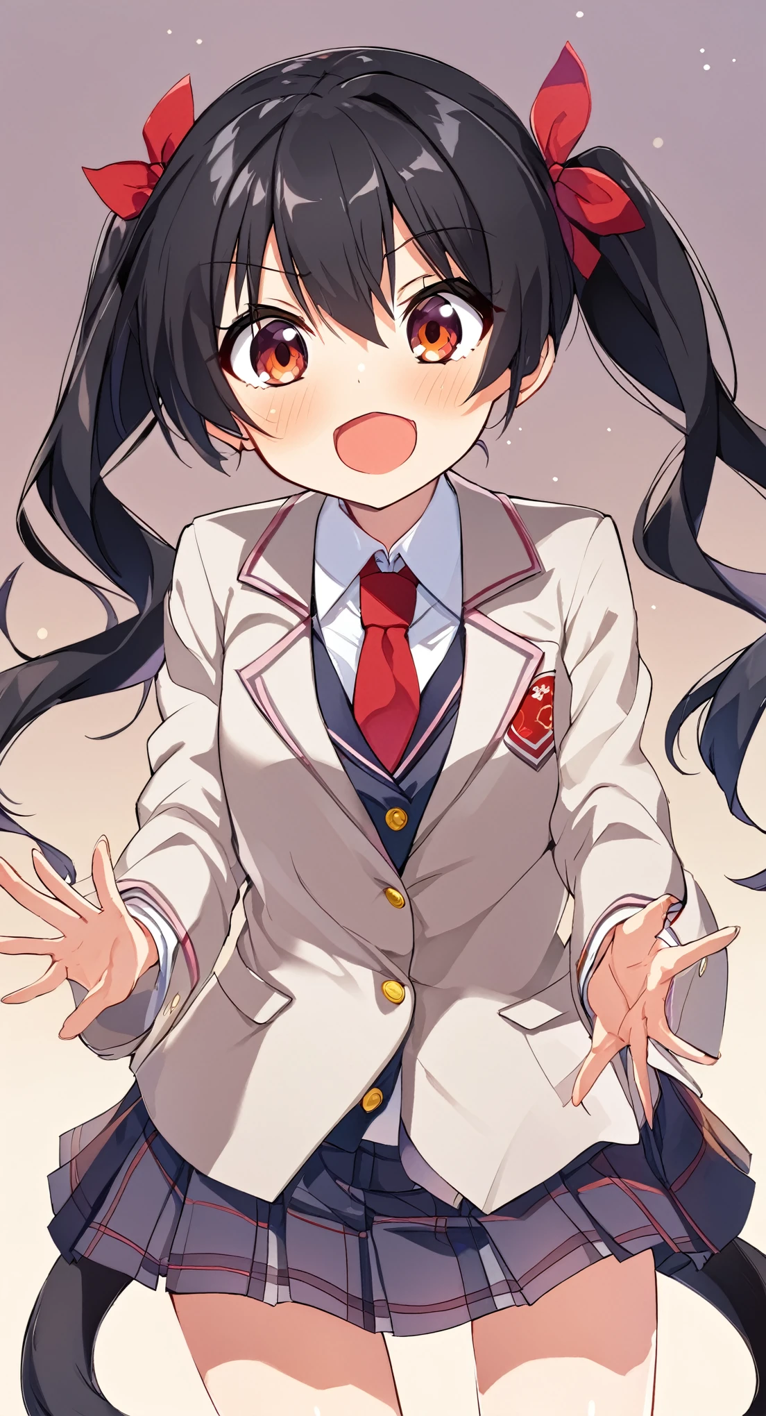 one girl, black hair, twin tail, high school student, school blazer, naive, slender, anime girl, girl focus, cute, long twn tail, necktie, cute pose, ecstatic, cowboy shot,