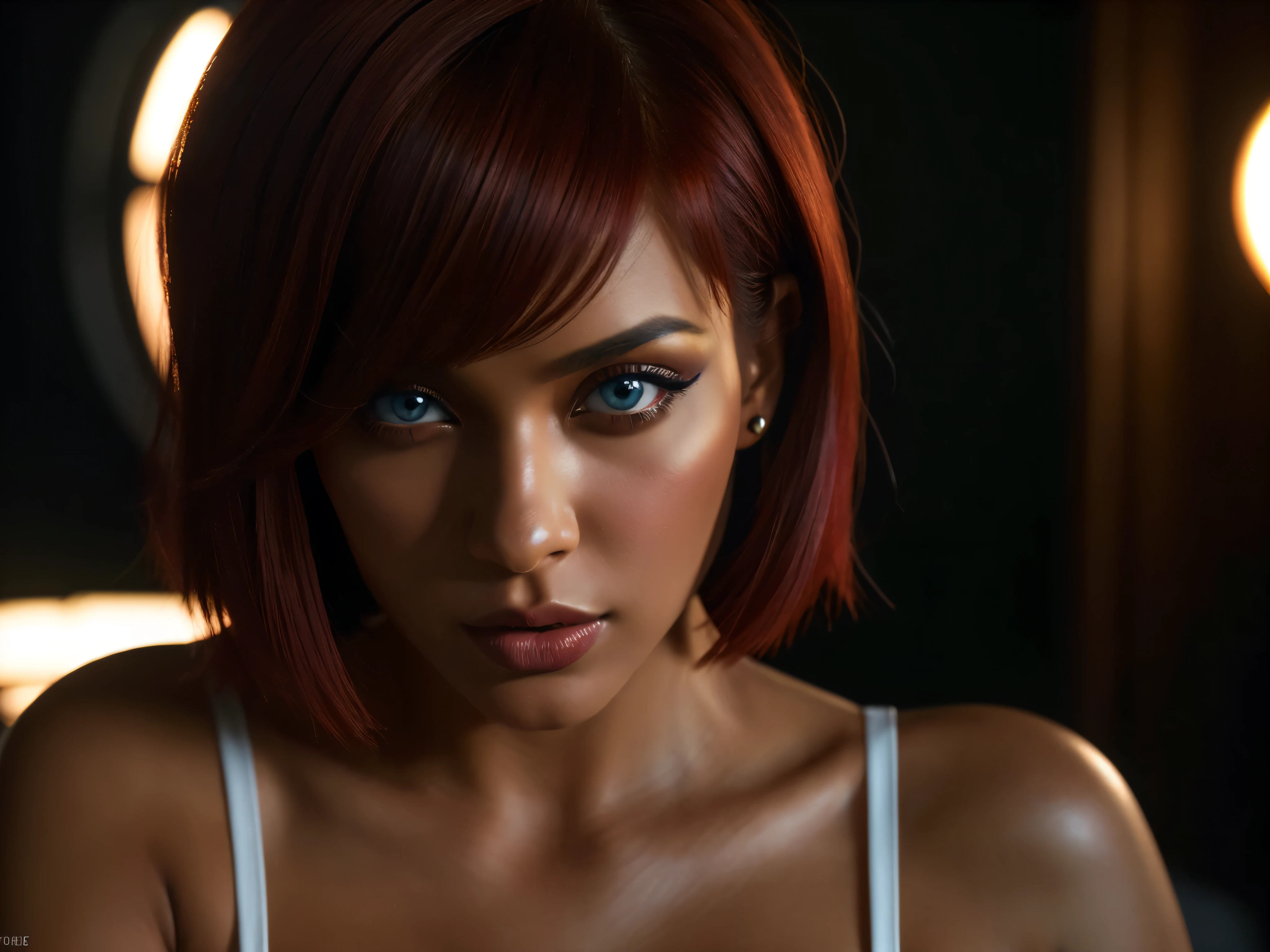 a beautiful woman with dark skin, red bob haircut, expressive blue eyes, wearing white lace lingerie, in a bedroom setting with a sexy, erotic atmosphere, (best quality,4k,8k,highres,masterpiece:1.2),ultra-detailed,(realistic,photorealistic,photo-realistic:1.37),portrait,chiaroscuro lighting,dramatic lighting,cinematic,dramatic colors,rich colors,glowing skin,detailed facial features,sensual,alluring, intricate details,dramatic lighting,cinematic composition,sensual,captivating expression,alluring. HDMI, HDRI, UDHD,((Diffuse effect)), ((volume effect 1.1)), ((Depth of field 1.1)), ((fisheye lens)