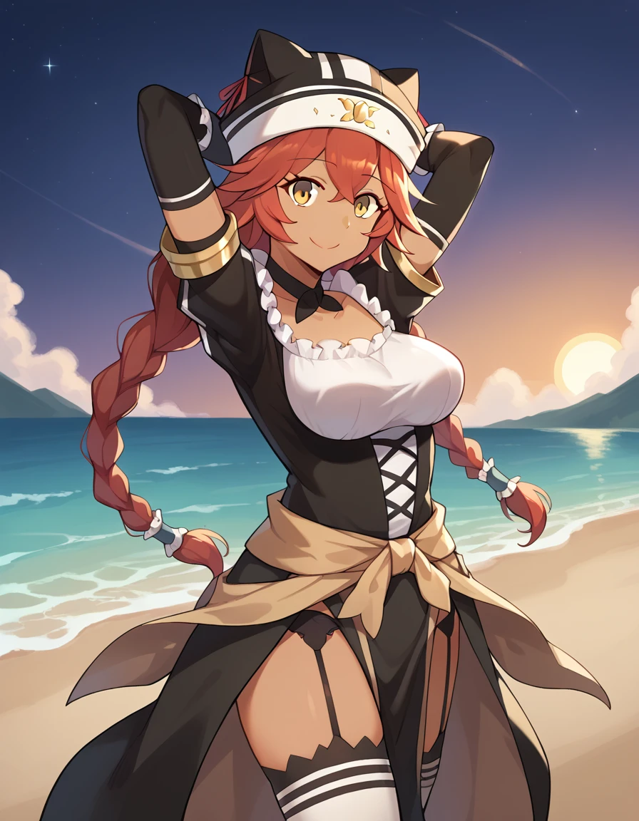 score_9, score_8_up, score_7_up, BREAK, 1girl, solo, breasts, lupusregina beta, dark skin, twin braids, hat, frills, black dress, short sleeves, bridal gauntlets, white thighhighs, garter straps, choker,  high quality, solo, 1girl, night sky, beach, arms behind head, (contrapposto), closed mouth, spread armpits, (cowboy shot:1.5), looking at viewer, smile, best quality,